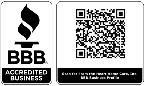 BBB Accredited Business logo and a QR code to scan for the From the Heart Home Care, Inc. BBB business profile.