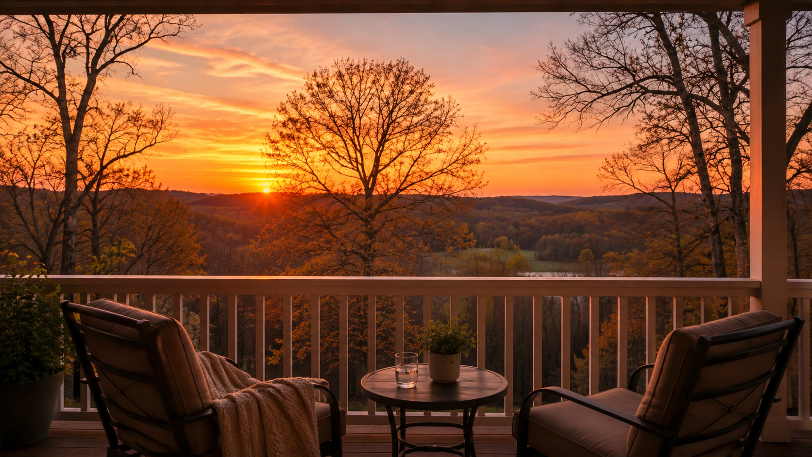 Porch chairs and a small table overlook a sunset over trees and hills
