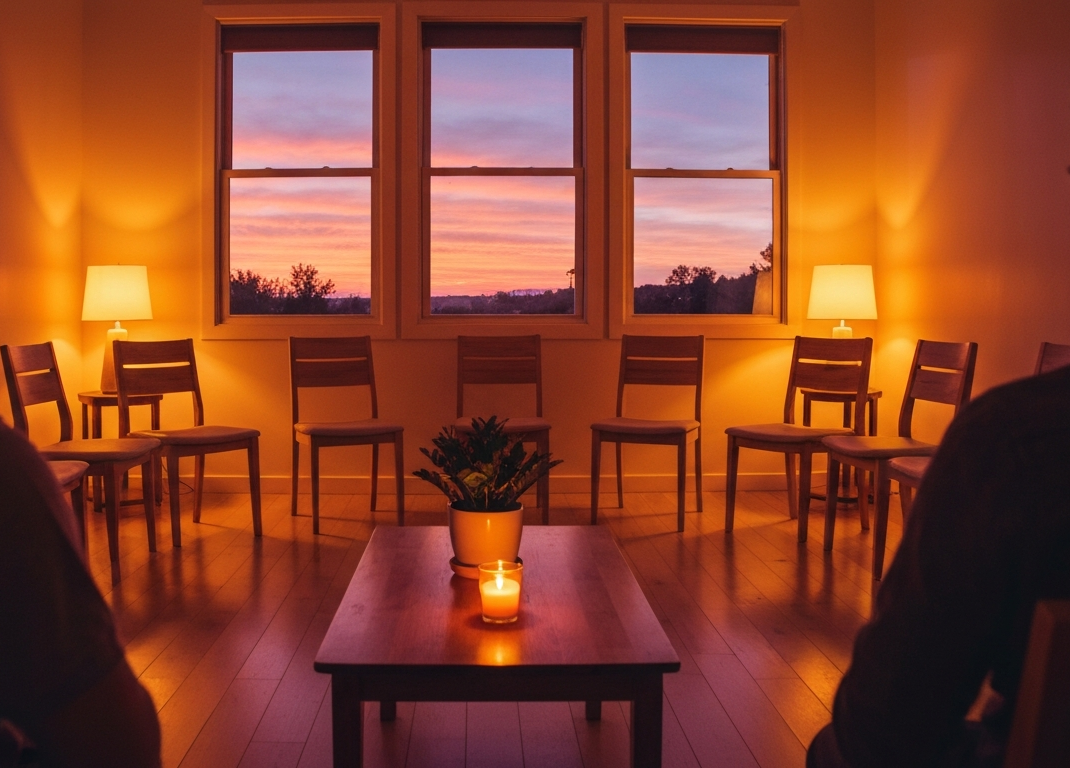 Cozy sunset room with chairs, lit lamps, and a small candlelit table facing three windows.