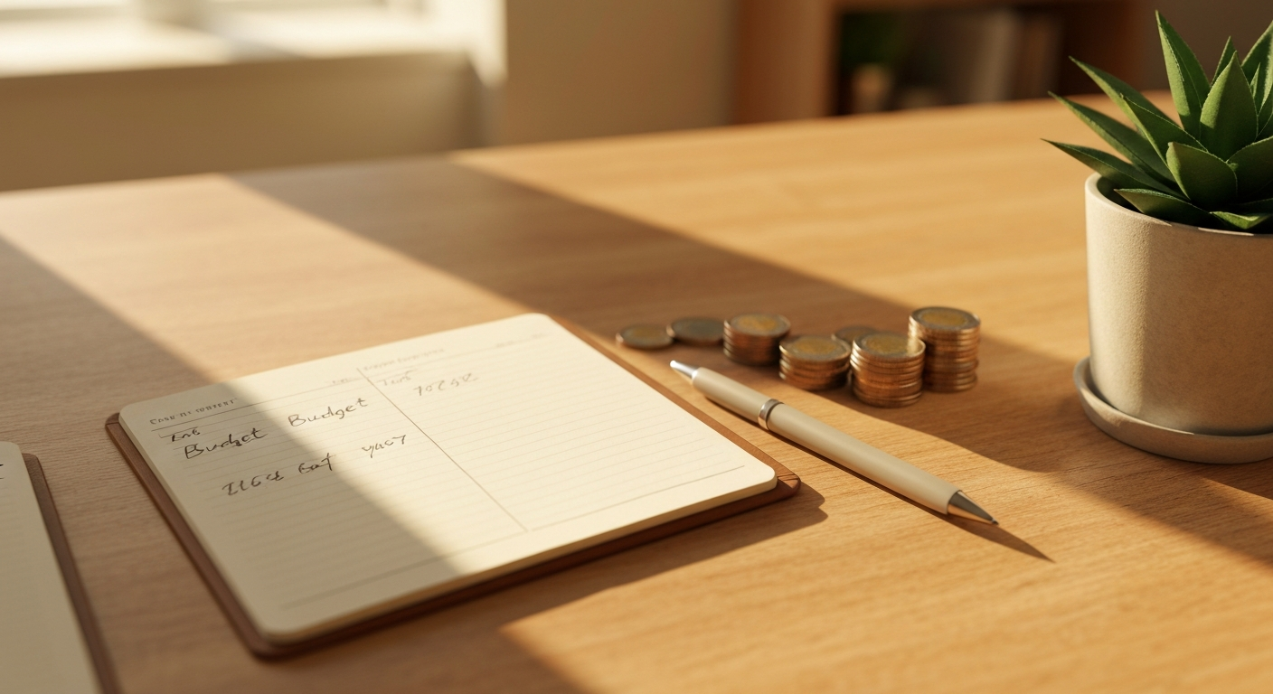 Notebook and pencil on a wooden desk beside a small potted plant and warm light.