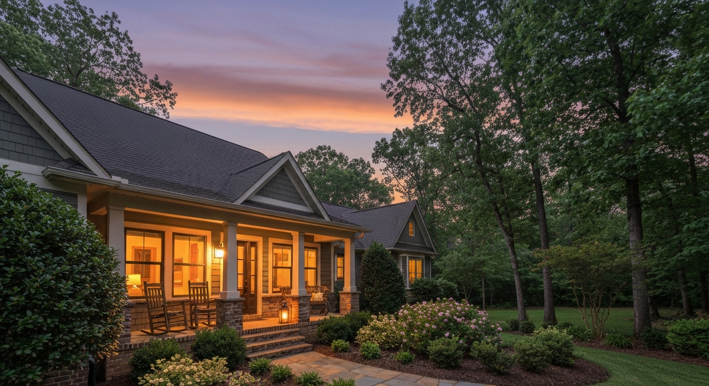 Warmly lit modern house with porch at dusk, surrounded by trees and landscaped garden.