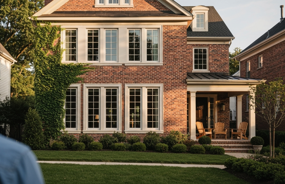 Brick two-story house with white-trim windows, manicured lawn, and a front porch in warm evening light
