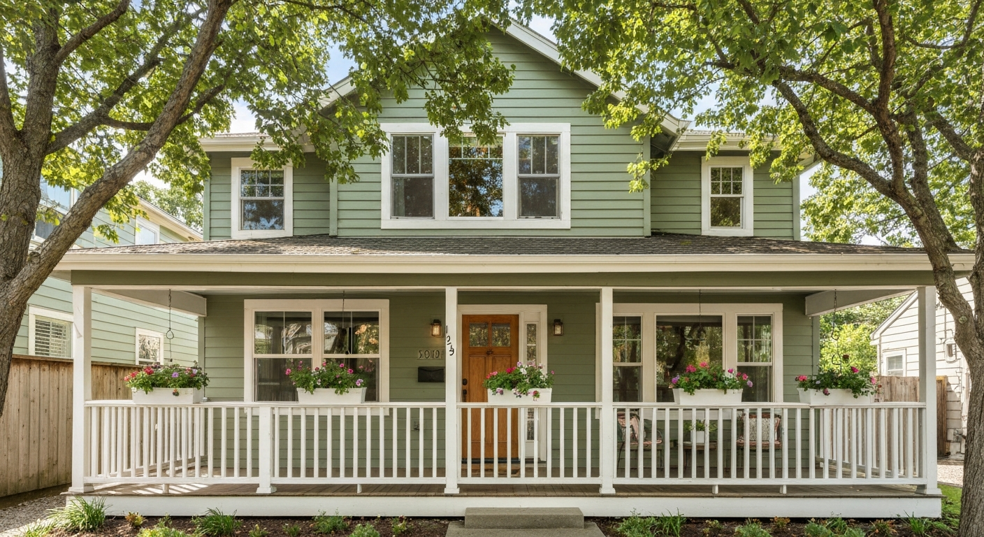 Two-story green house with white porch and railings, framed by large trees and greenery.