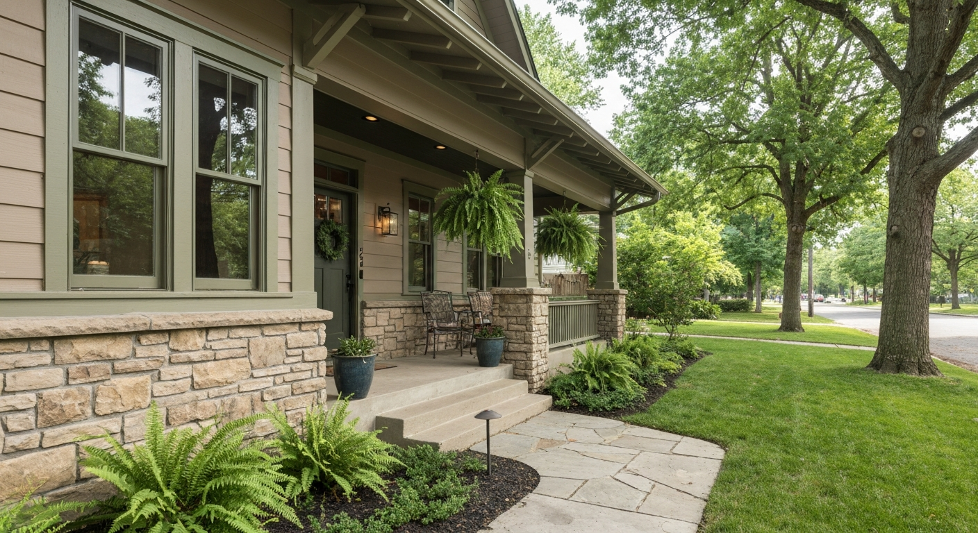 Front porch of a stone house with large windows, a walkway, and green lawn under trees