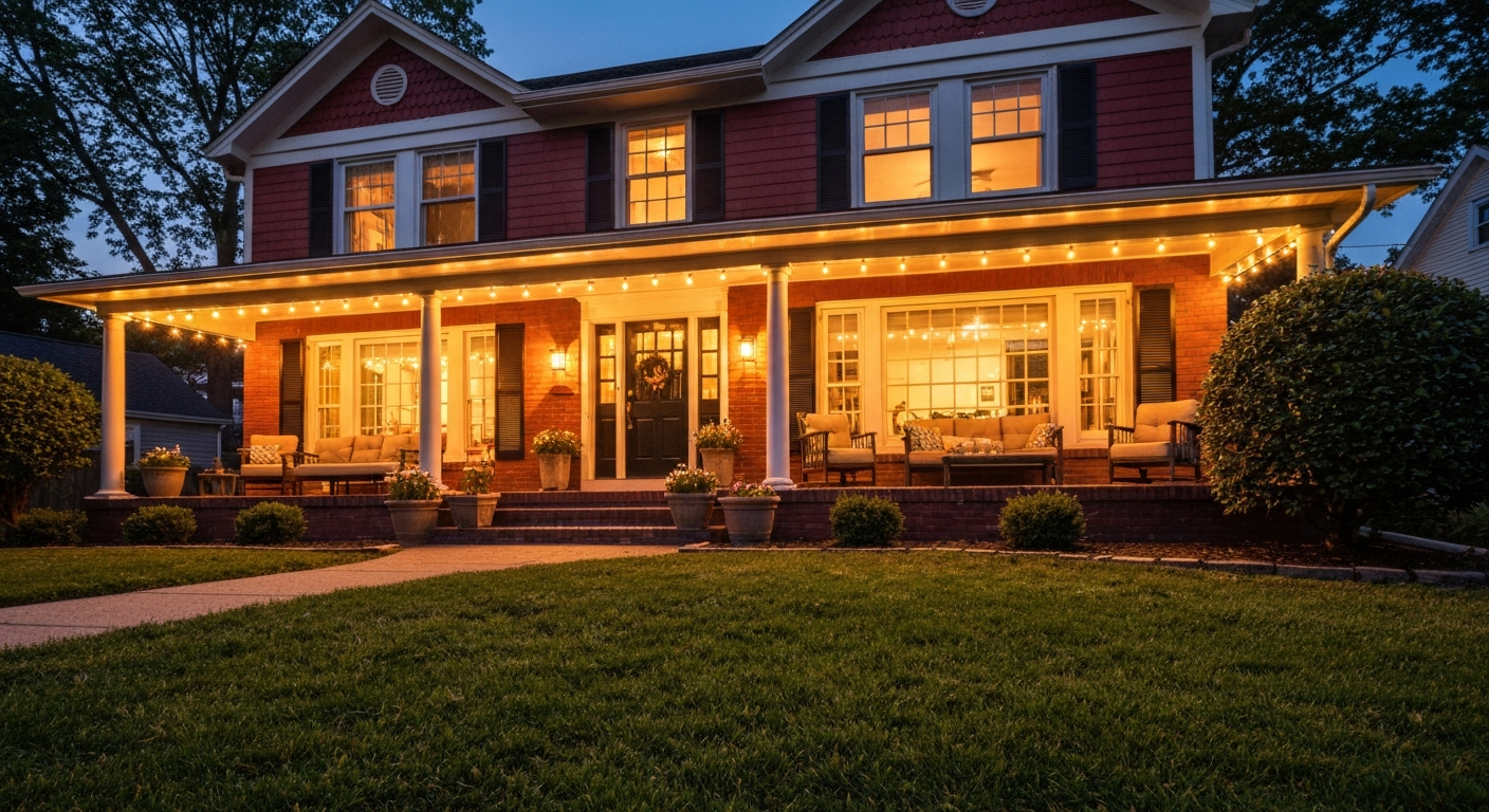 Warmly lit suburban house at dusk with a front porch, manicured lawn, and glowing windows