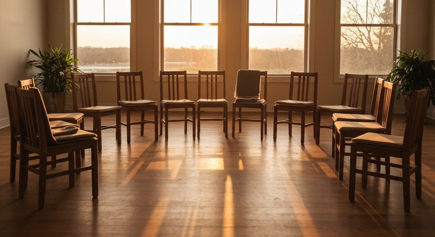 Empty sunlit room with wooden chairs arranged in a circle on a polished floor