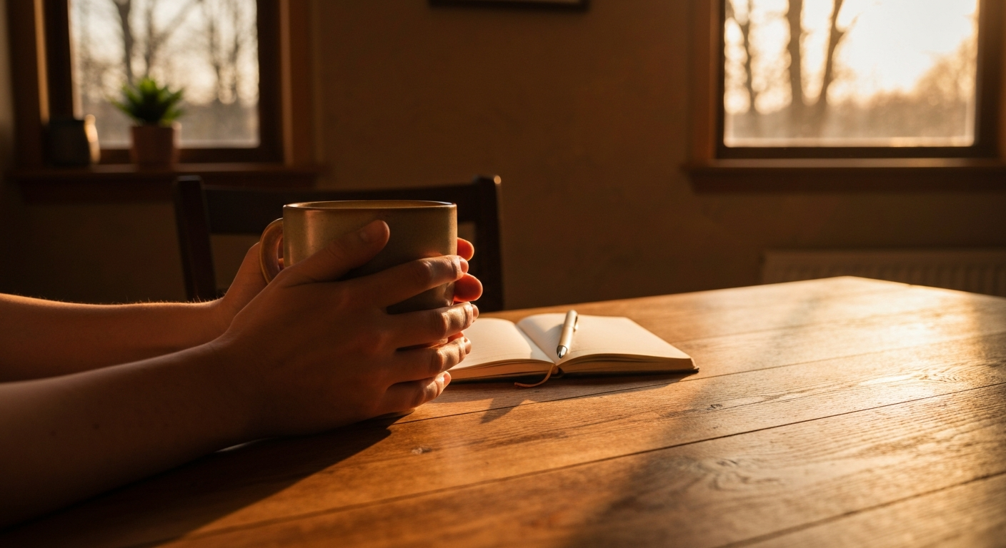 Hands holding a mug at a sunlit wooden table with a notebook nearby