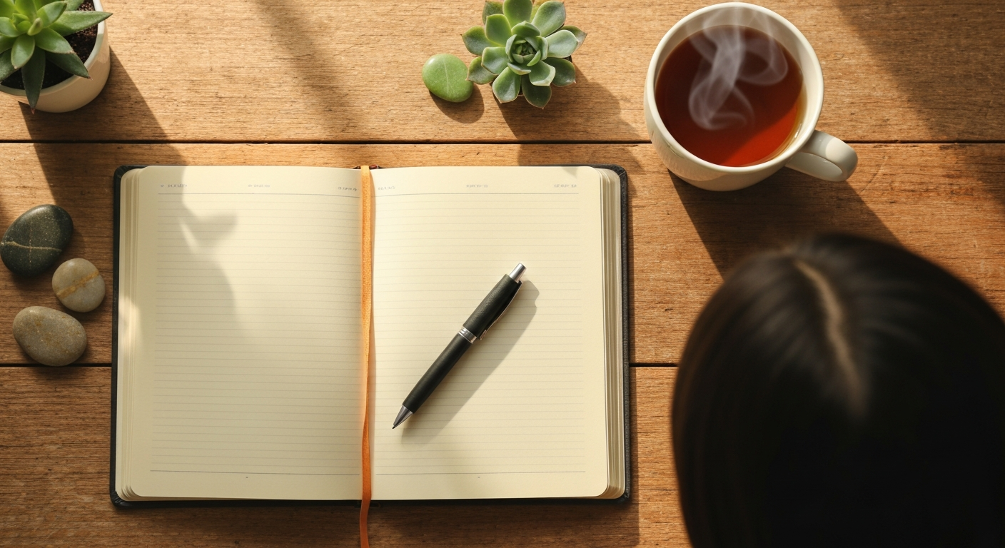 Open notebook with pen on a wooden desk beside tea, plants, and a person’s head in warm sunlight