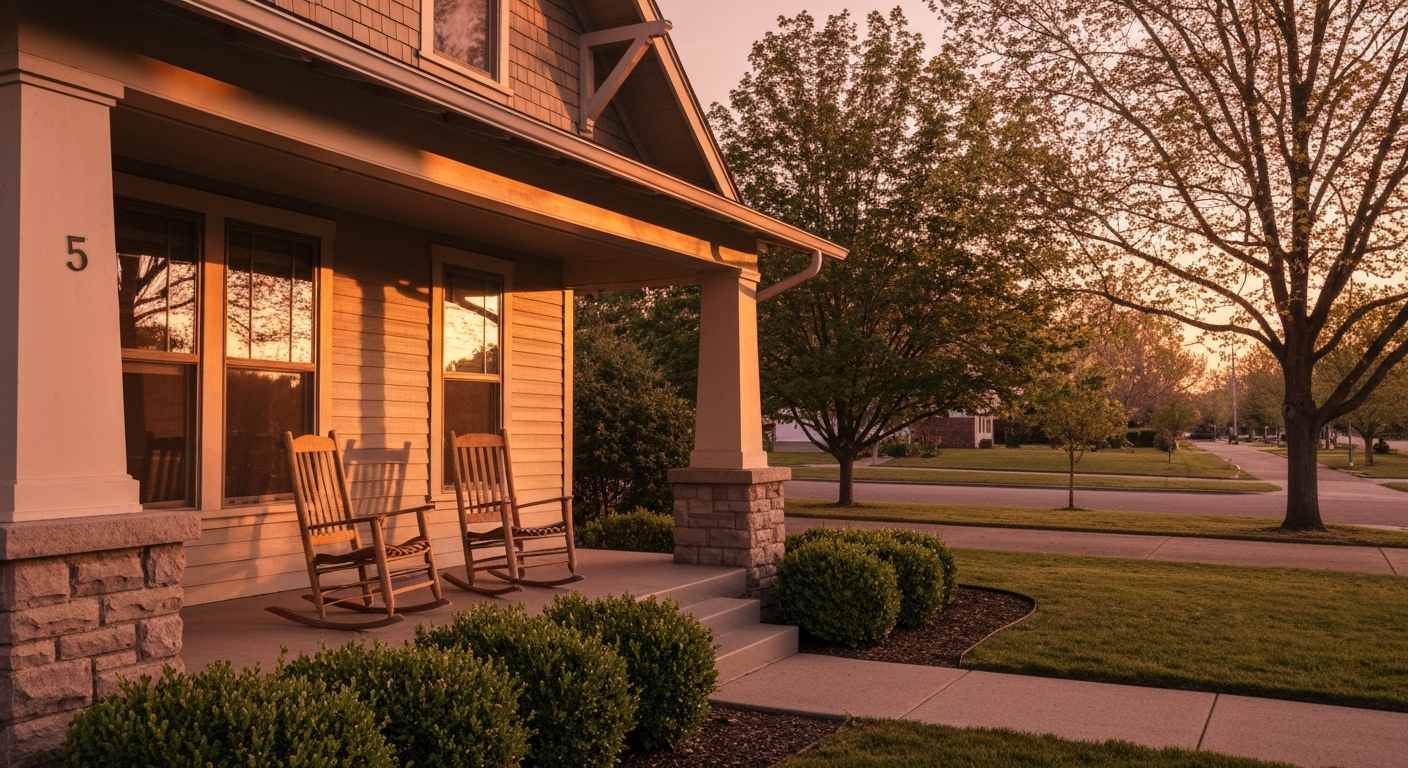 Porch with rocking chairs at sunset beside a landscaped lawn and trees