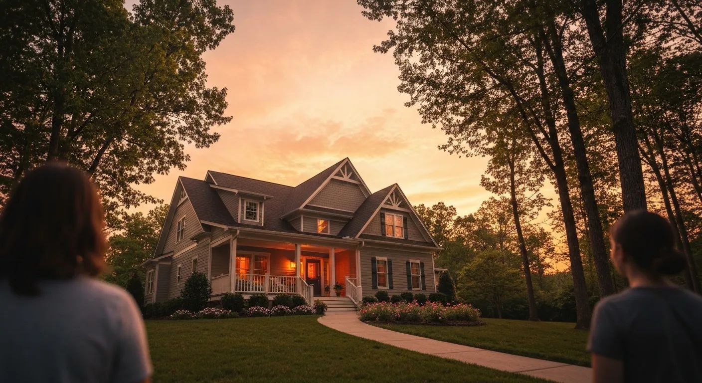 House glowing with warm porch lights at sunset, framed by trees and viewed from a front lawn with two people silhouetted.