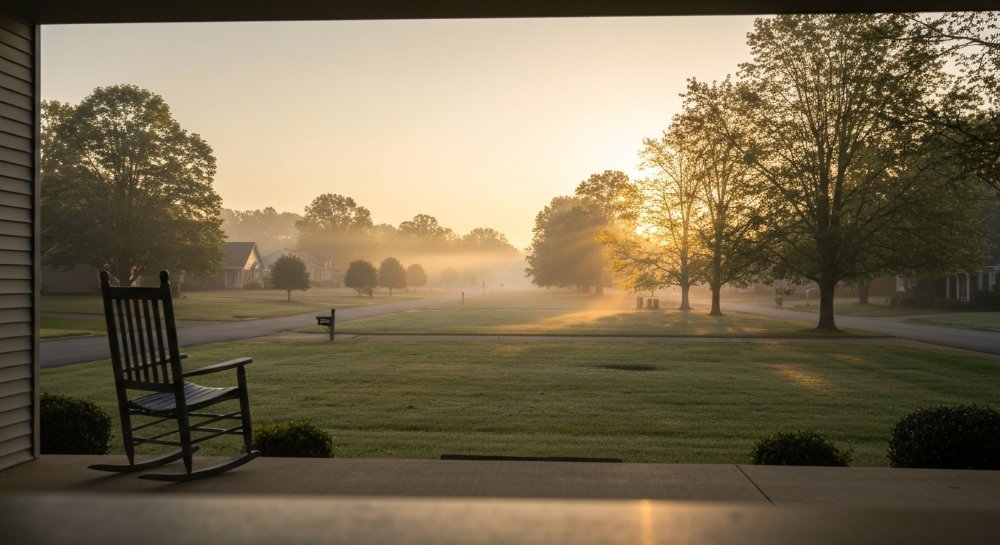 Sunrise over misty golf course viewed from a porch, with a rocking chair in the foreground.