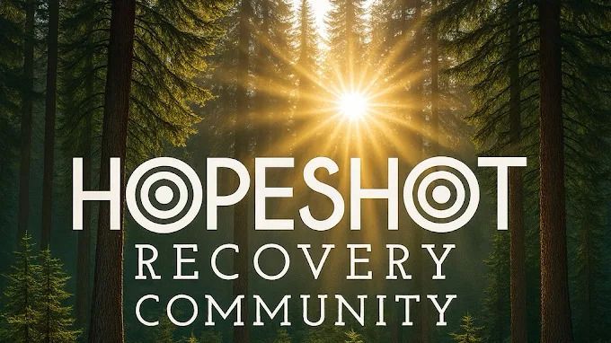 HopeShot Recovery Community logo over sunlit forest with rays shining through trees