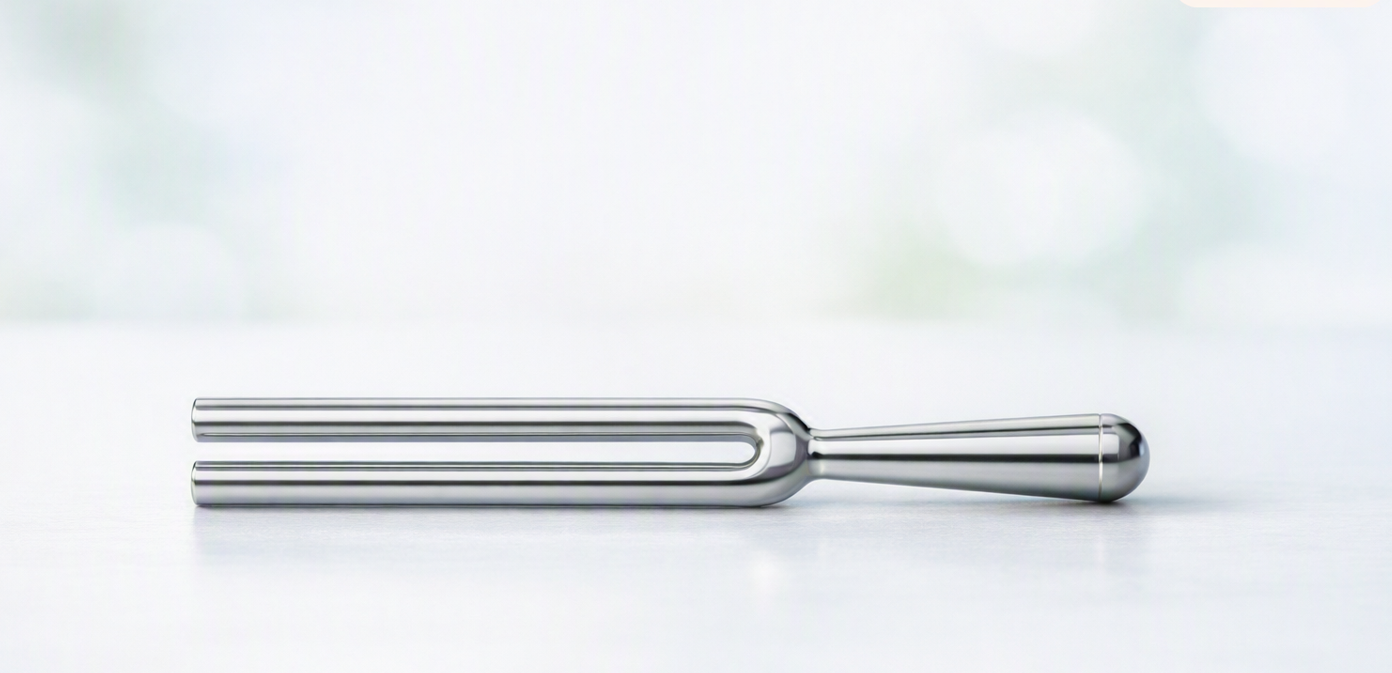 A silver tuning fork lying on a white surface against a soft light background