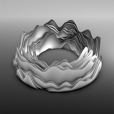 Abstract resonance pattern with layered, wavy metallic petals on a gray background