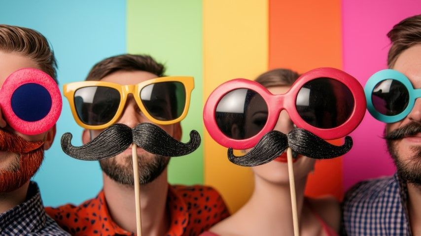 People wearing colorful oversized glasses and fake mustaches against a bright rainbow background