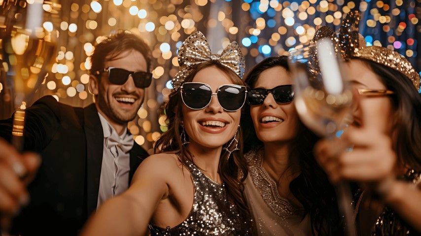 Friends in sunglasses pose at a sparkling party, smiling amid warm golden lights.