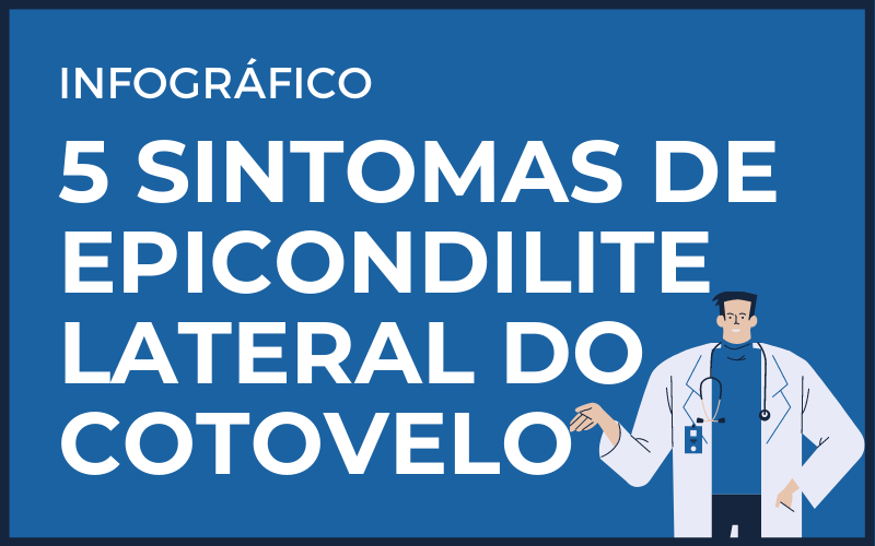 Um médico está em frente a uma placa azul que diz 5 sintomas de epicondilite lateral do cotovelo.