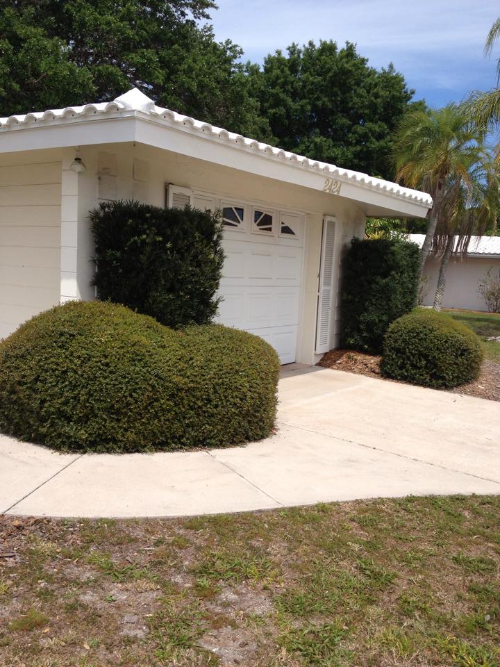A cream-colored garage with a white tiled roof, featuring two large, rounded green hedges in front on a paved driveway.