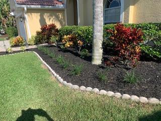 A curved landscape bed with black mulch, border stones, small green plants, and colorful crotons in front of a house.