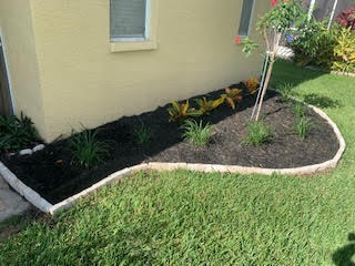 A garden bed with dark mulch and small green plants edged by stone borders along the side of a beige house.