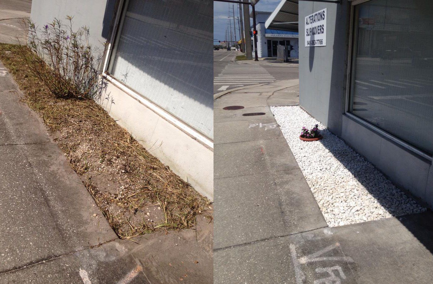 A side-by-side comparison showing a patch of overgrown dirt being replaced with clean white gravel alongside a building.