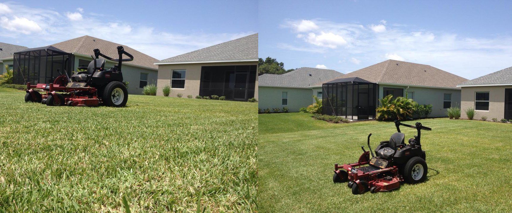A side-by-side comparison of a red zero-turn lawn mower parked on a lush green lawn in front of suburban homes.
