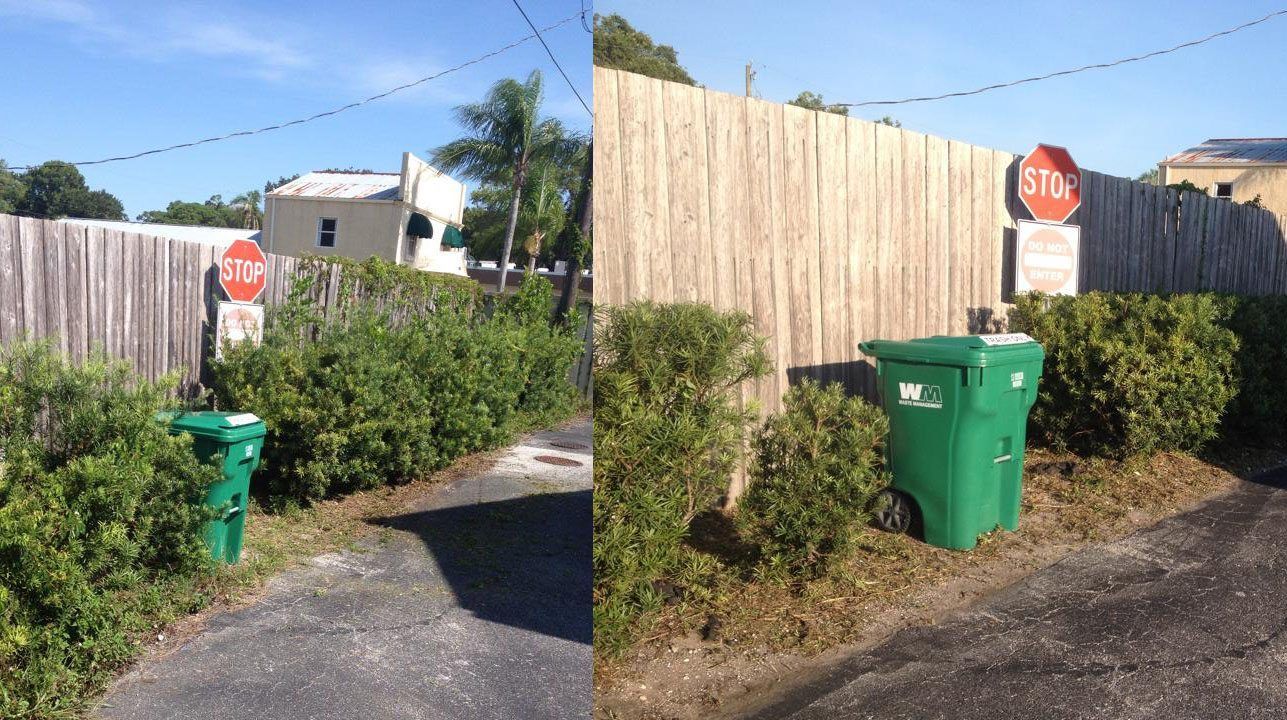 A side-by-side view of a green trash bin parked on asphalt next to a wooden fence with a stop sign attached.
