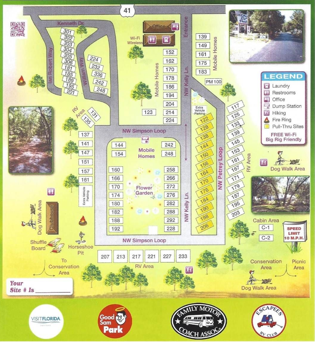 Map of Kelly's RV Park in Webster, FL, with numbered campsites, roads, amenities, and a legend.