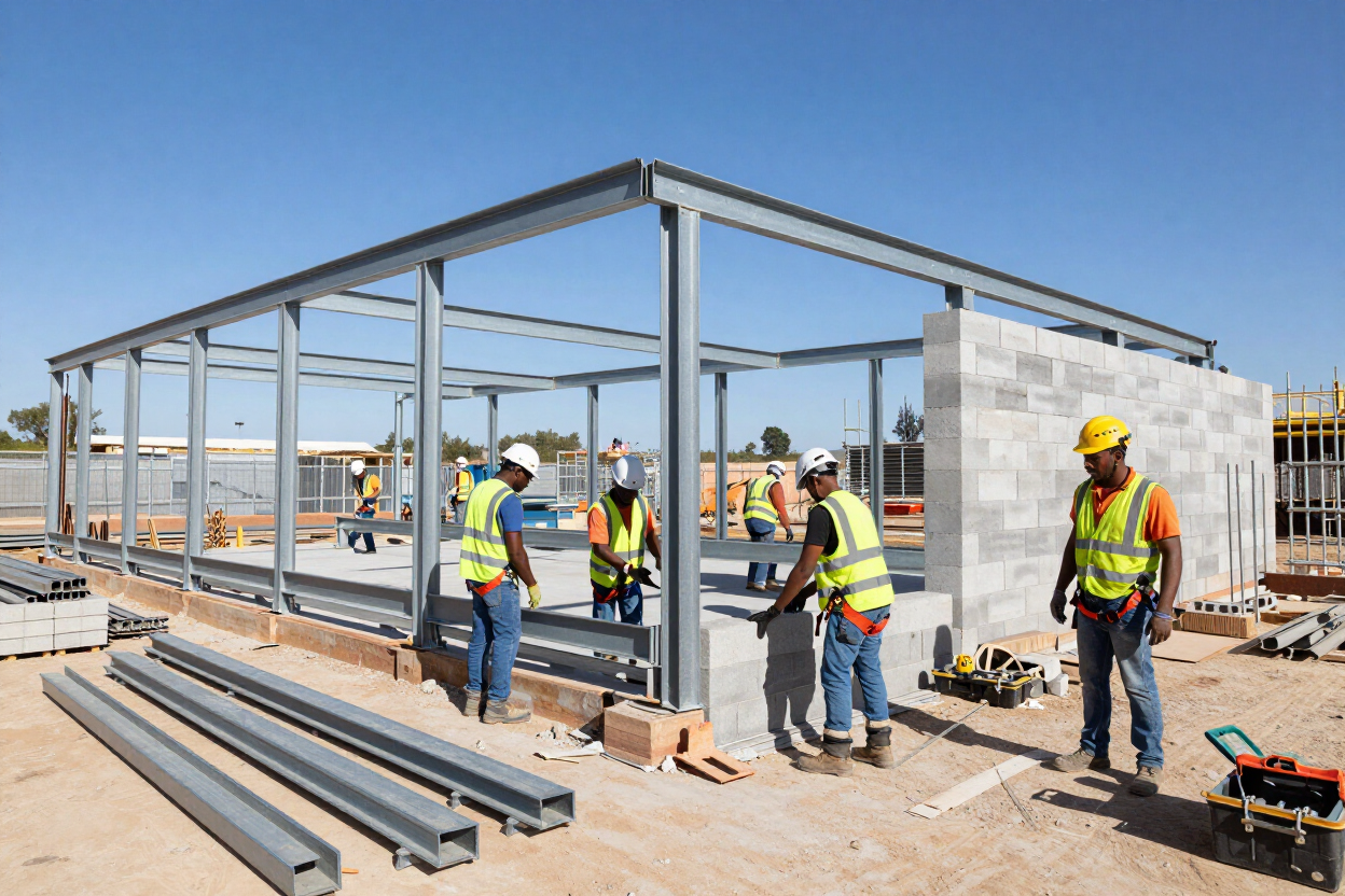 Commercial construction in progress showing steel frame structure