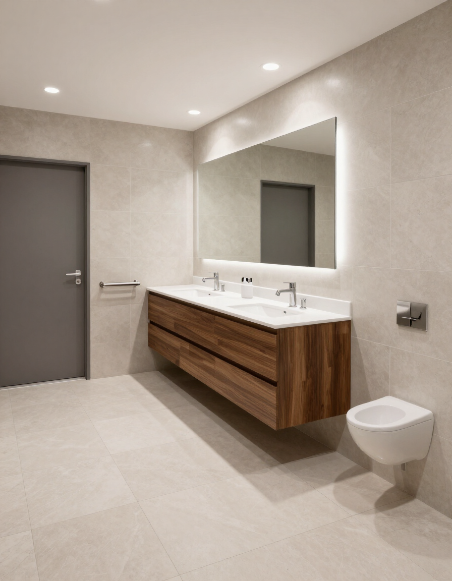 Renovated commercial bathroom with commercial-grade tiling and fittings