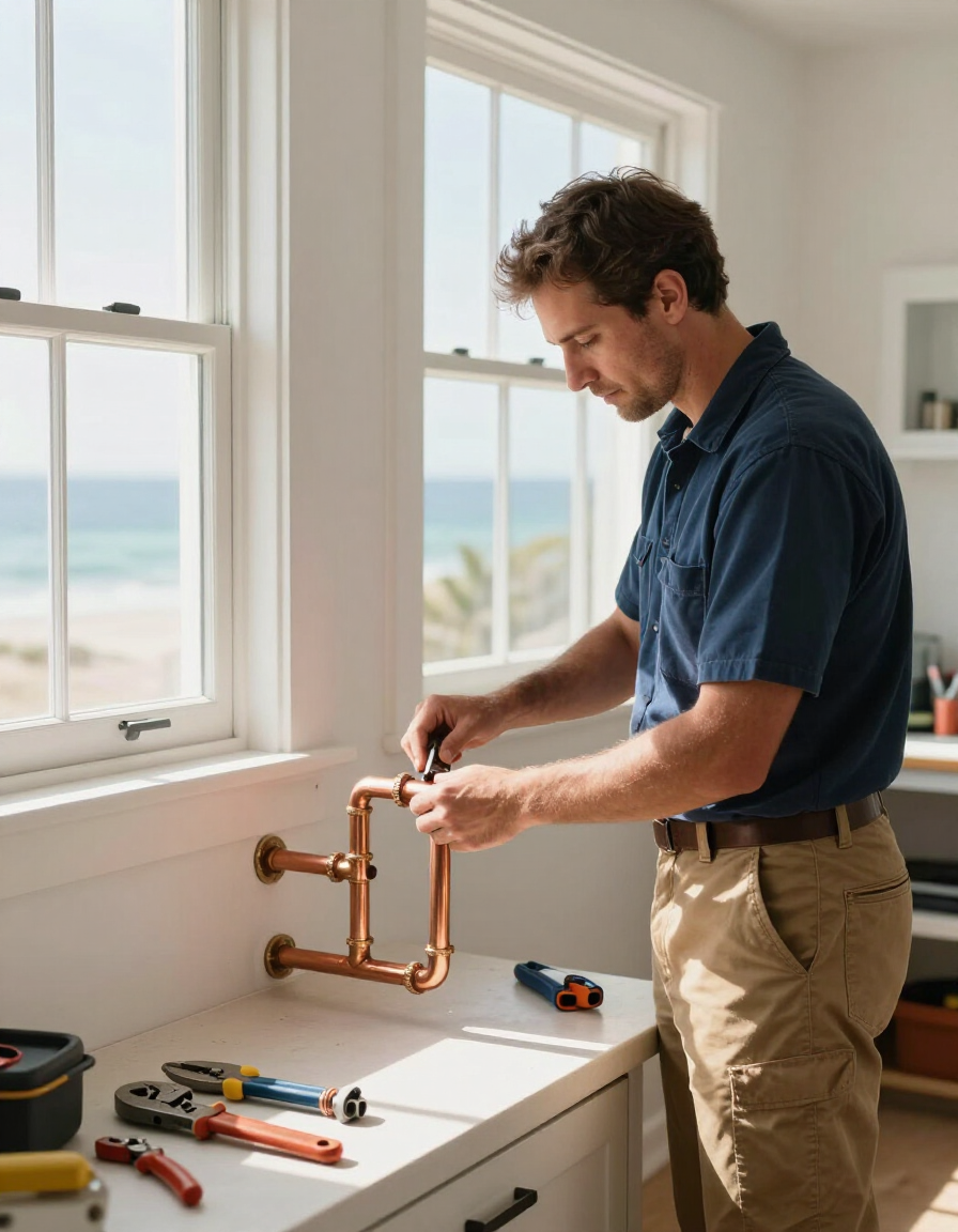 Professional plumber working in a coastal home in Jongensfontein