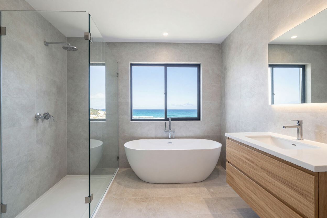 Completed bathroom renovation with large format tiles and frameless glass shower
