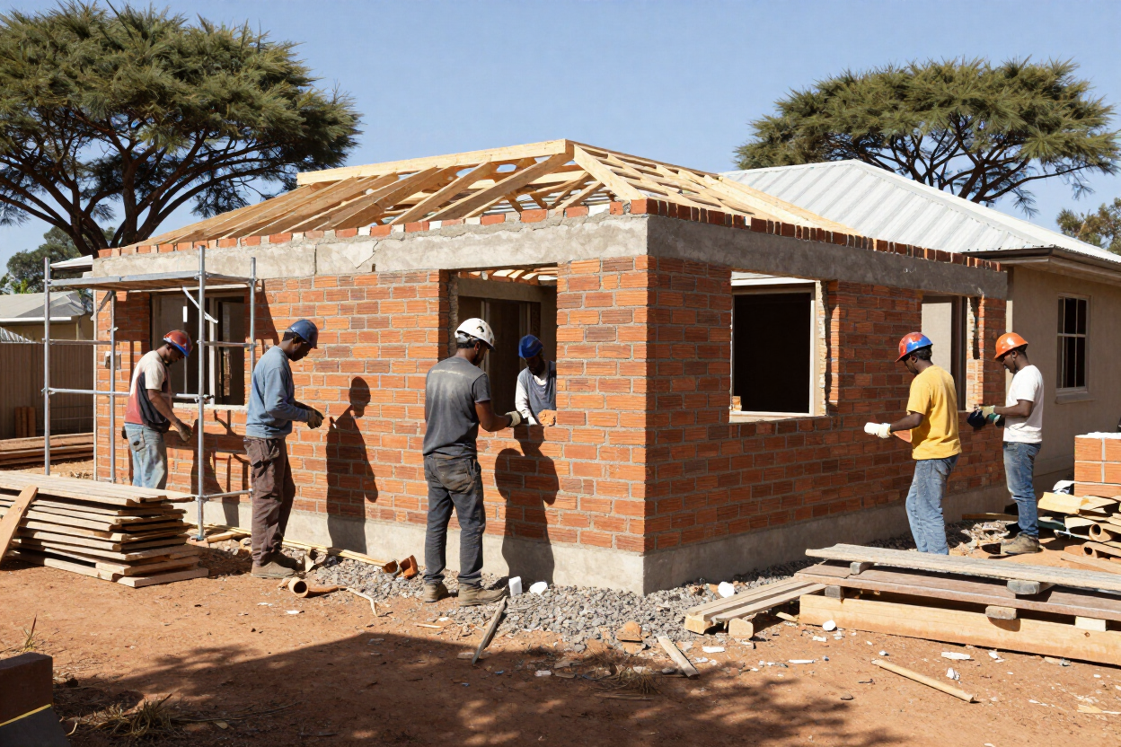 South African home mid-renovation with room addition and scaffolding