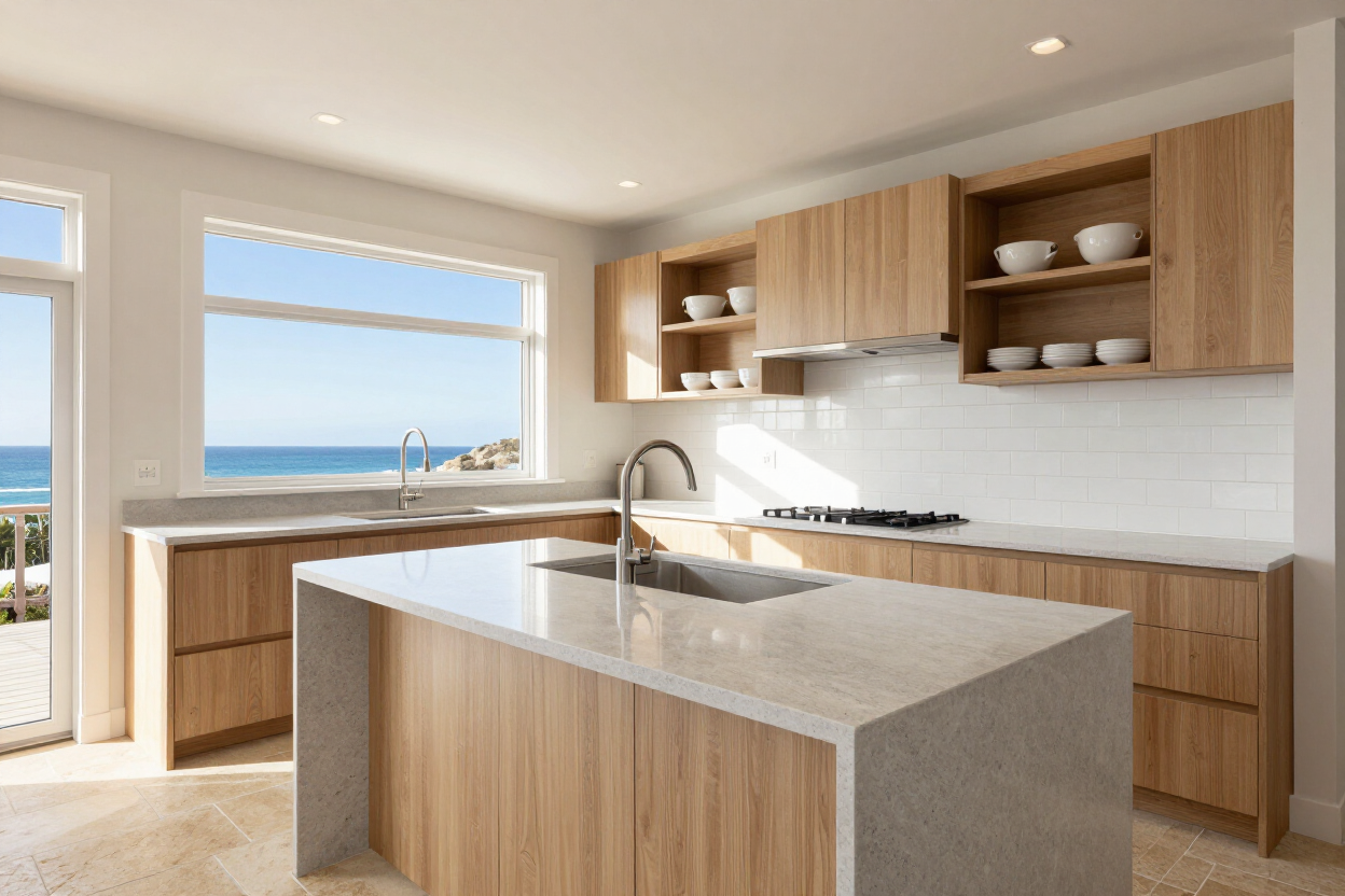 Completed kitchen renovation with new countertops and tile splashback