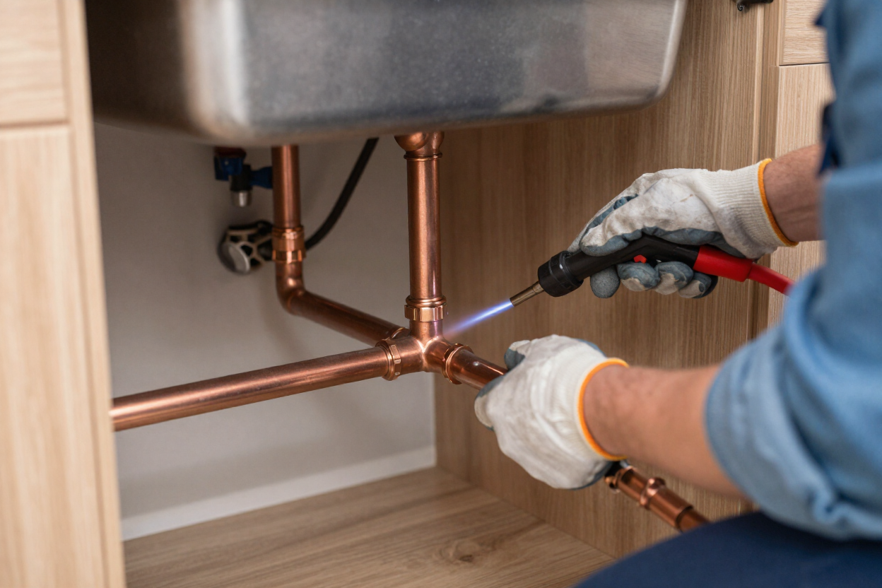 Plumber working on copper pipes in Riversdale home