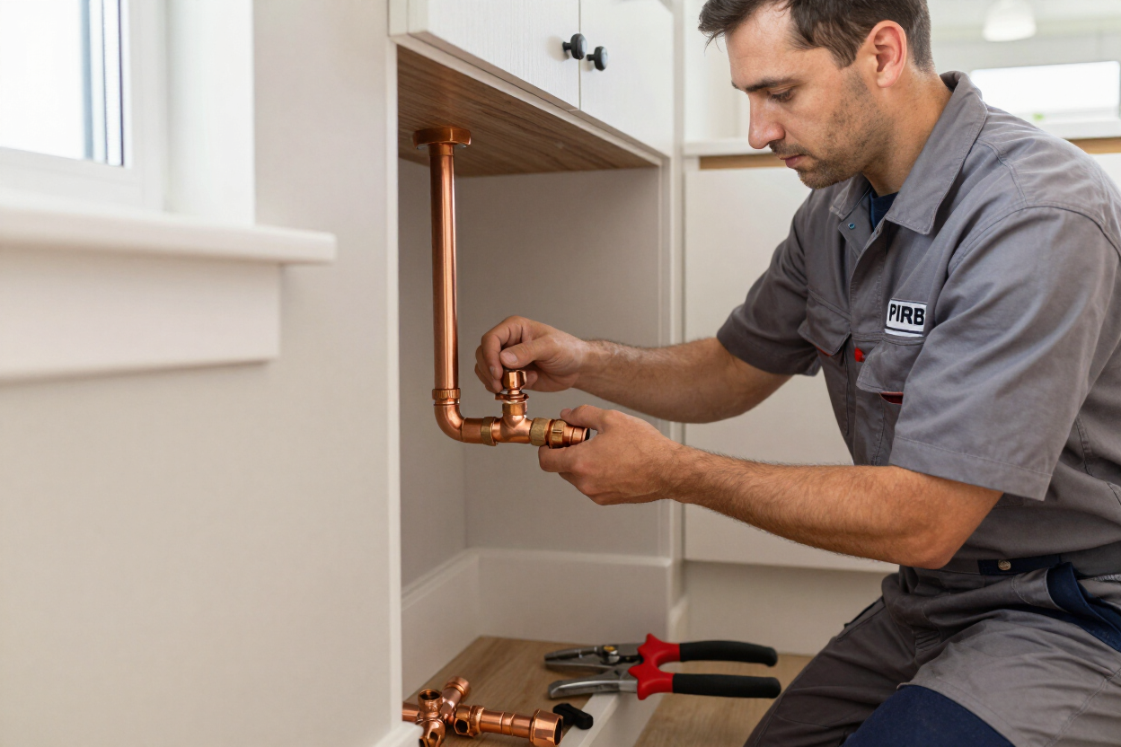 Professional plumber working on pipe installation in Riversdale home