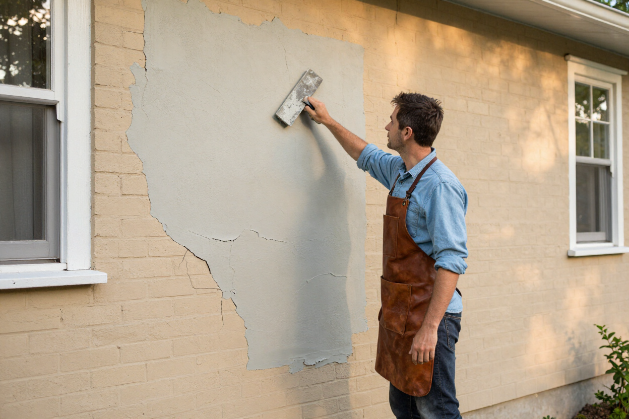 Tradesman repairing exterior wall on Riversdale home