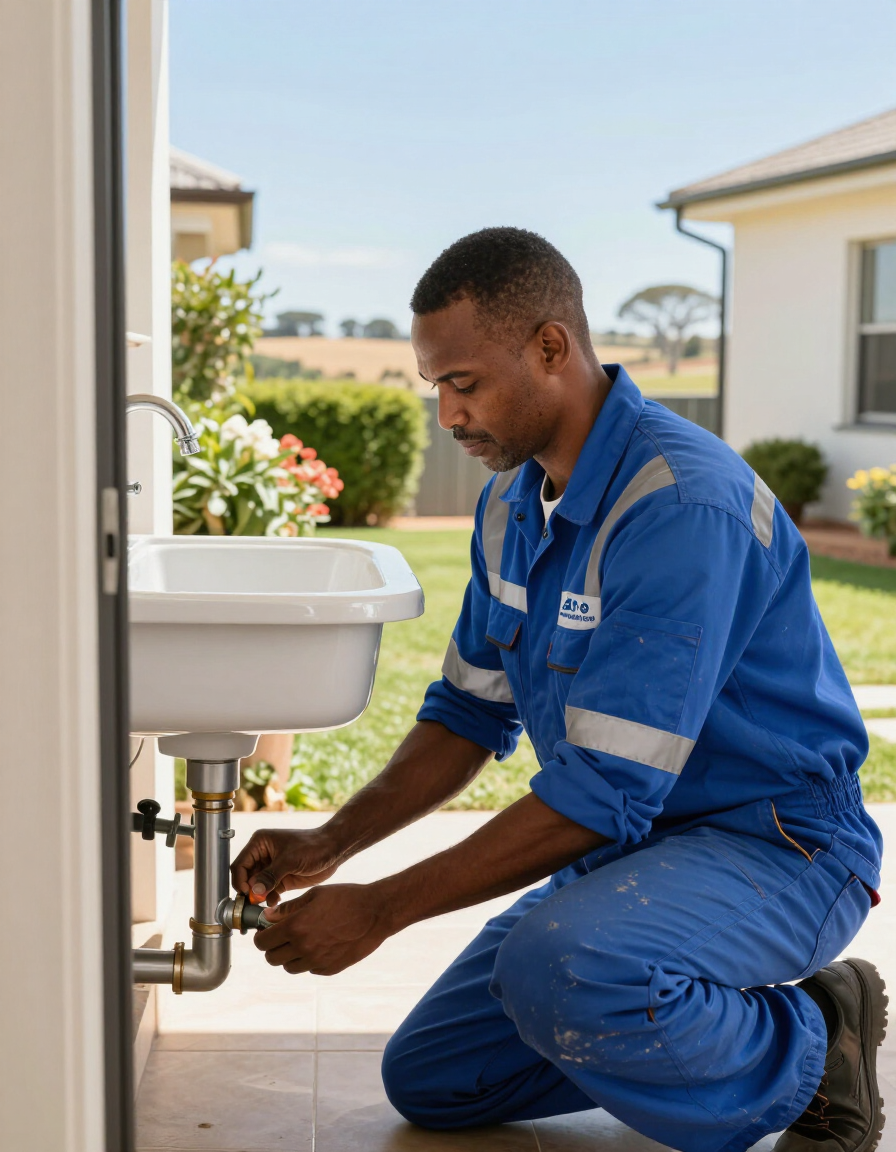 Professional plumber inspecting pipework at a residential property near Albertinia