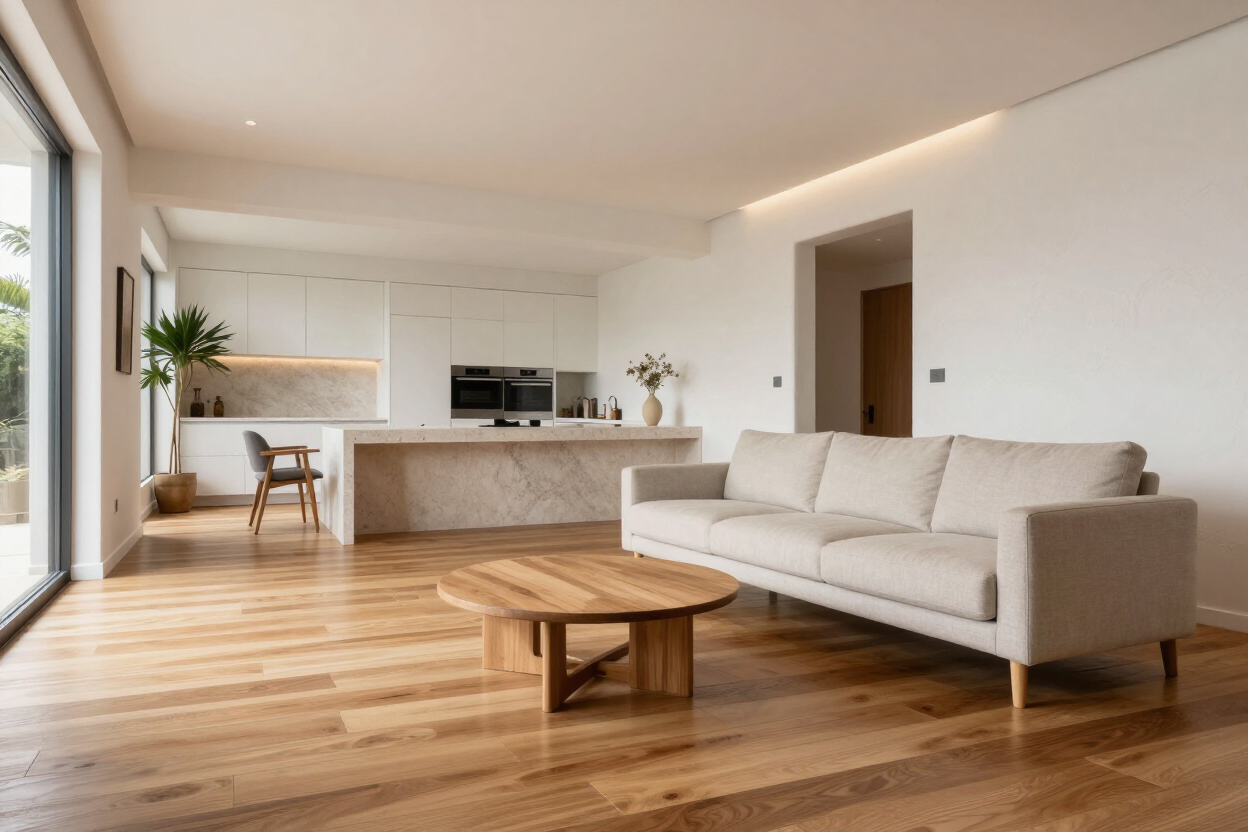 Renovated open-plan living area with new flooring and plastered walls
