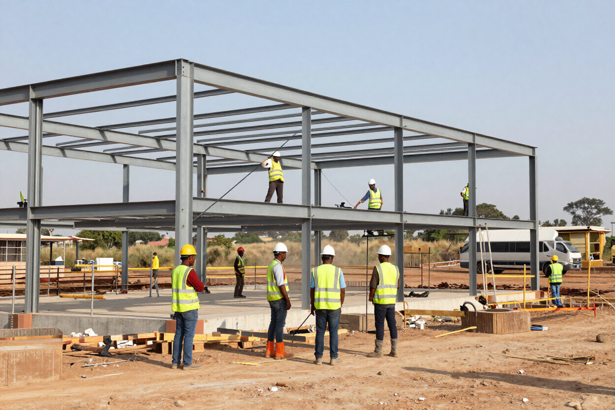 Commercial building under construction with steel framework
