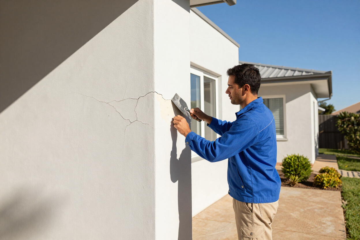 Tradesman repairing exterior wall on residential property
