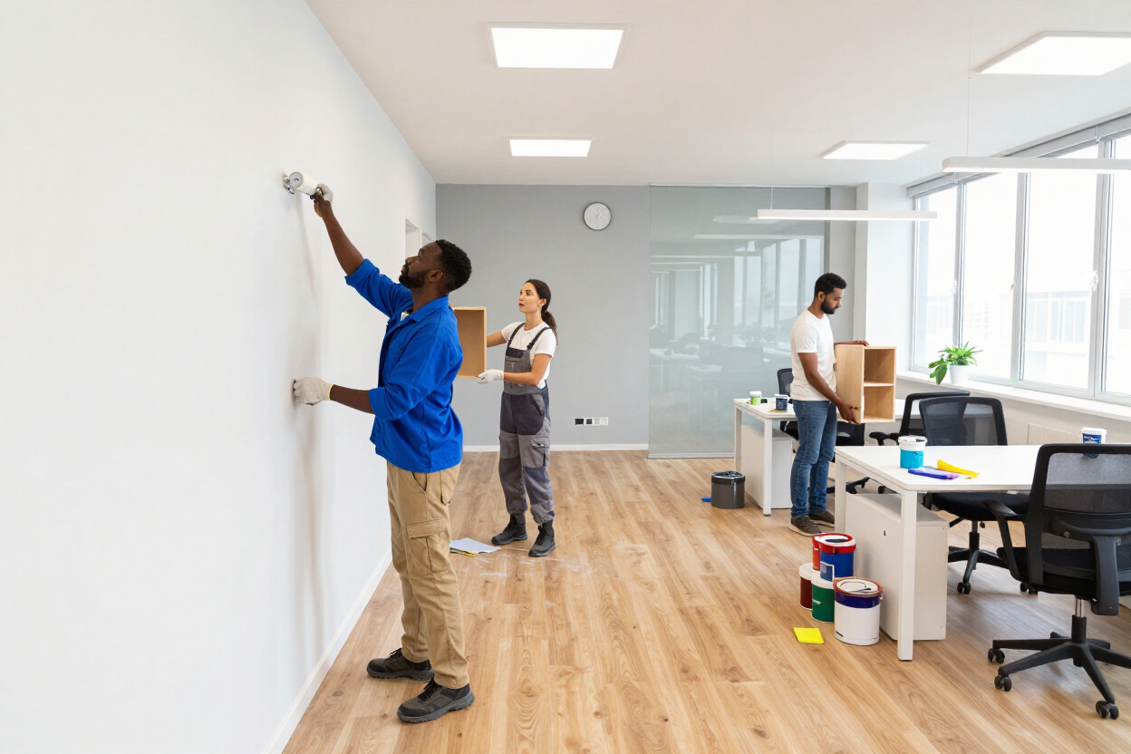 Workers refurbishing a commercial office space