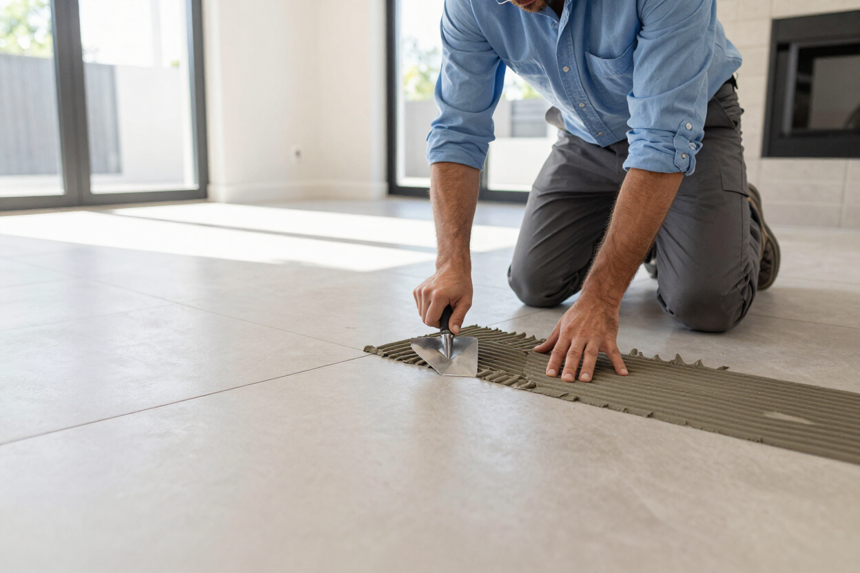 Professional tiler laying large format floor tiles in a South African home