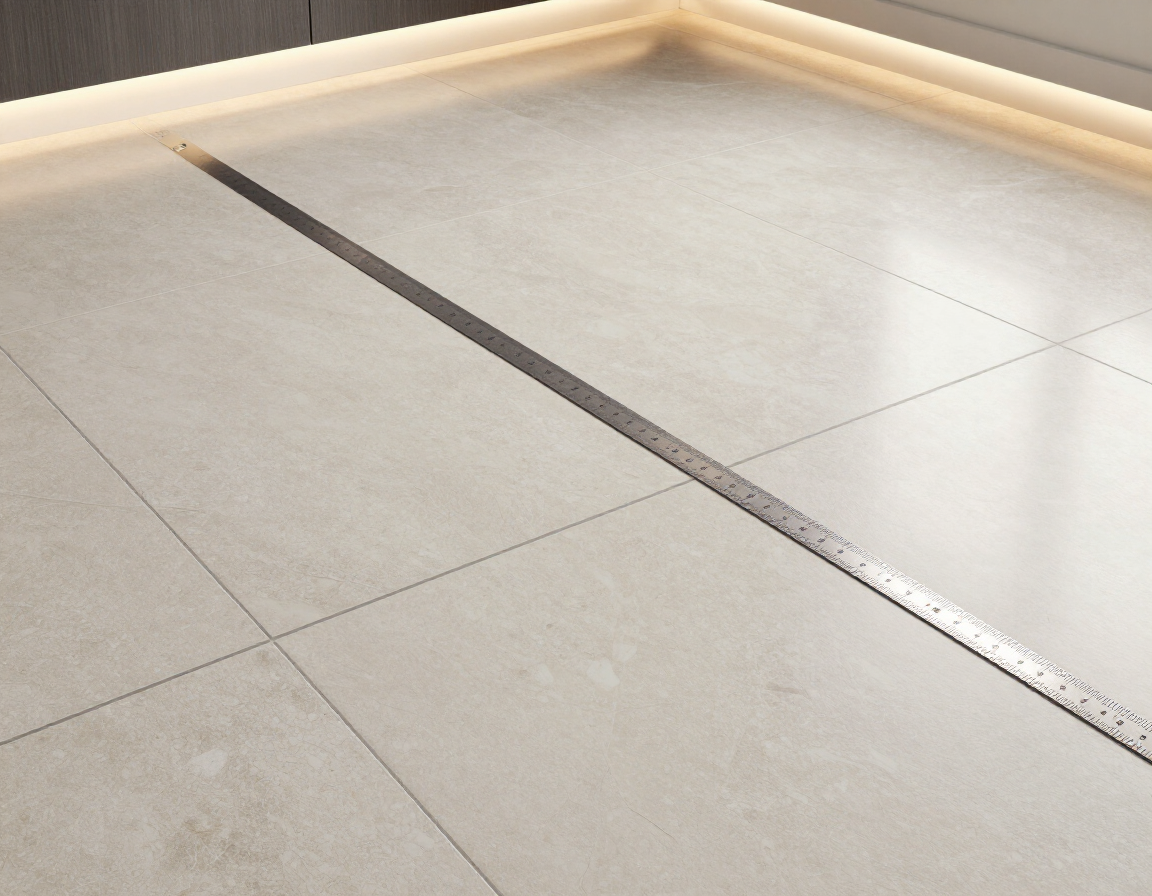 Freshly laid large format porcelain tiles with straight grout lines