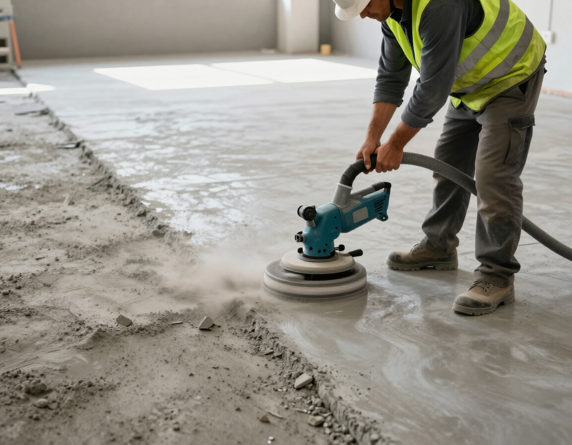 Worker grinding and preparing a concrete floor surface for installation