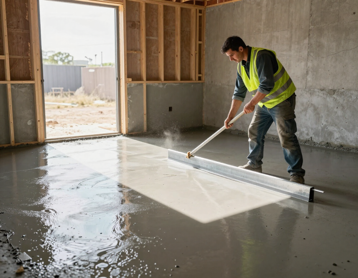 Tradesman screeding a smooth concrete floor in a newly built structure