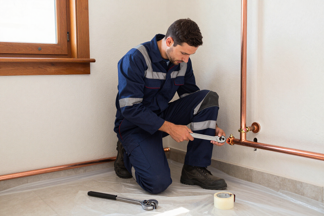 Professional plumber working on pipes in a Heidelberg residential property
