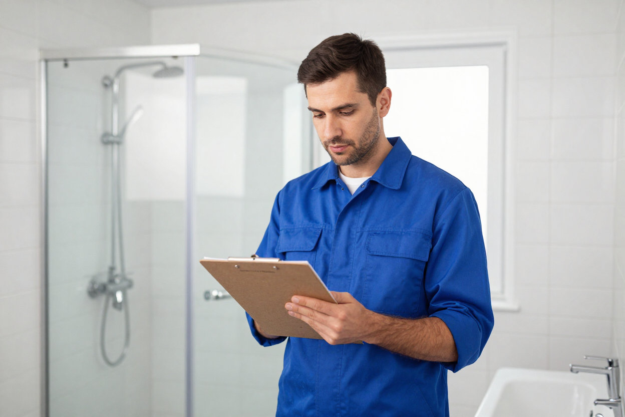 Plumber reviewing plumbing COC documentation in a bathroom