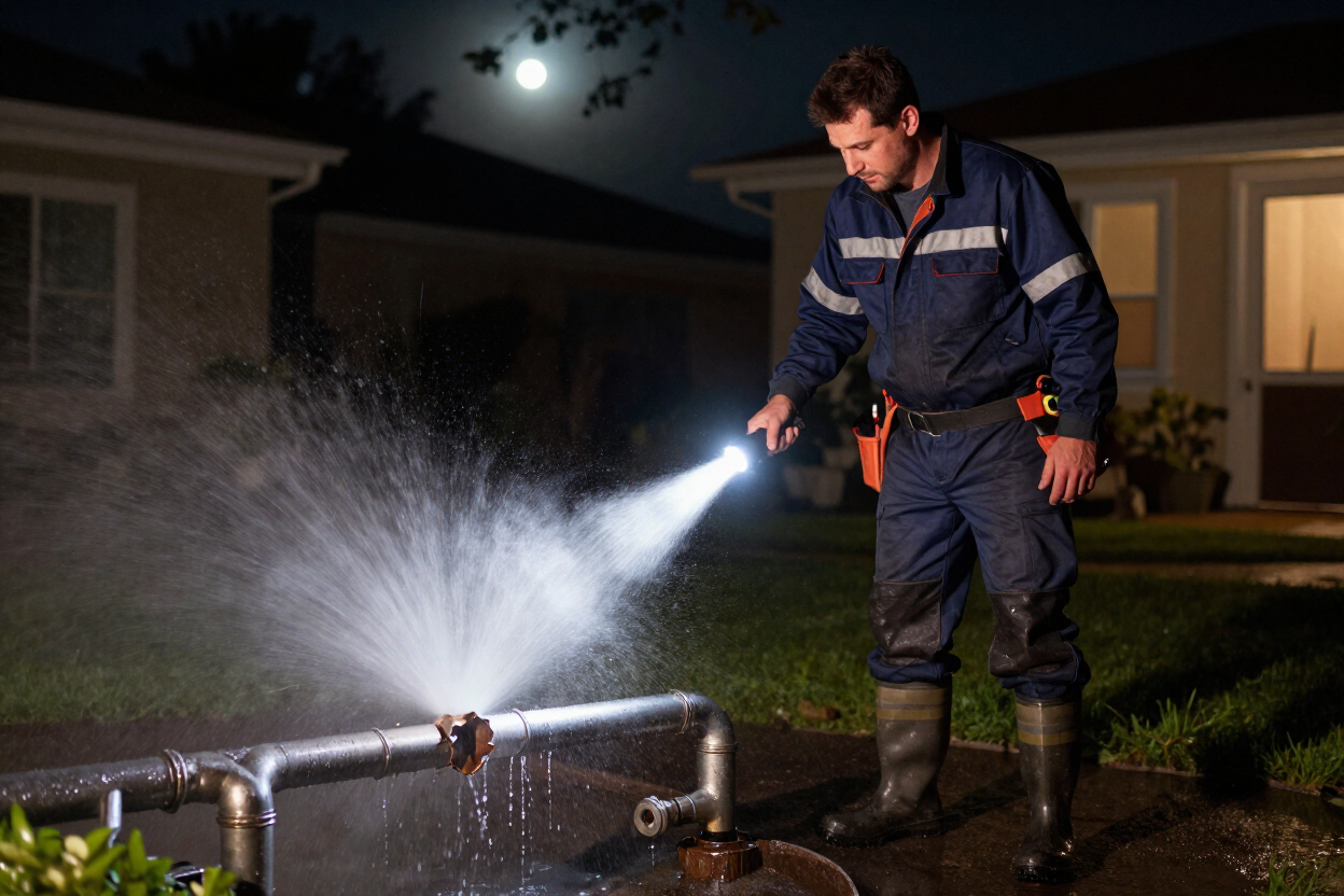 Emergency plumber responding to a burst geyser at night