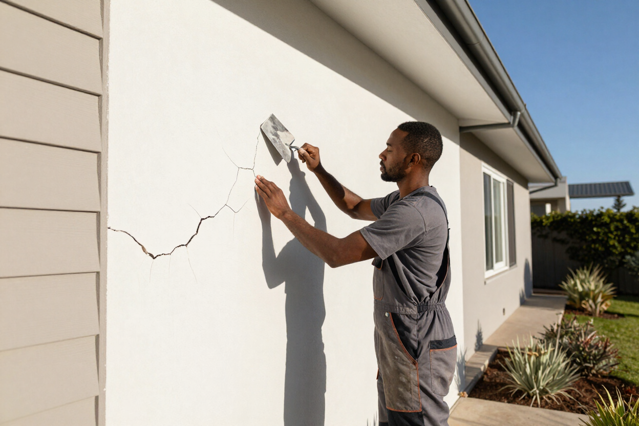 Tradesman repairing a cracked exterior wall on a residential property